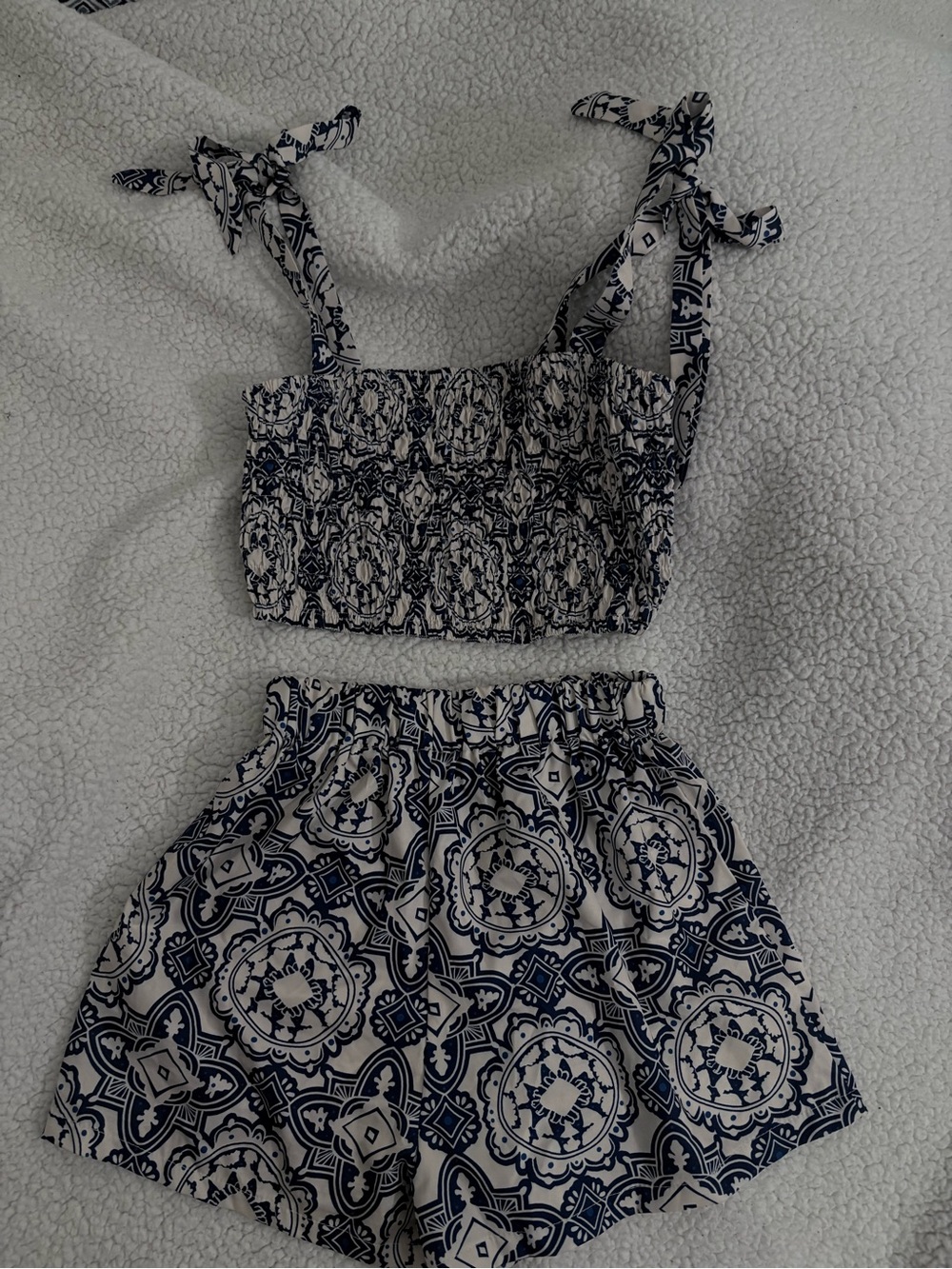 SHEIN Navy & White Printed Tie-Shoulder Shorts Set